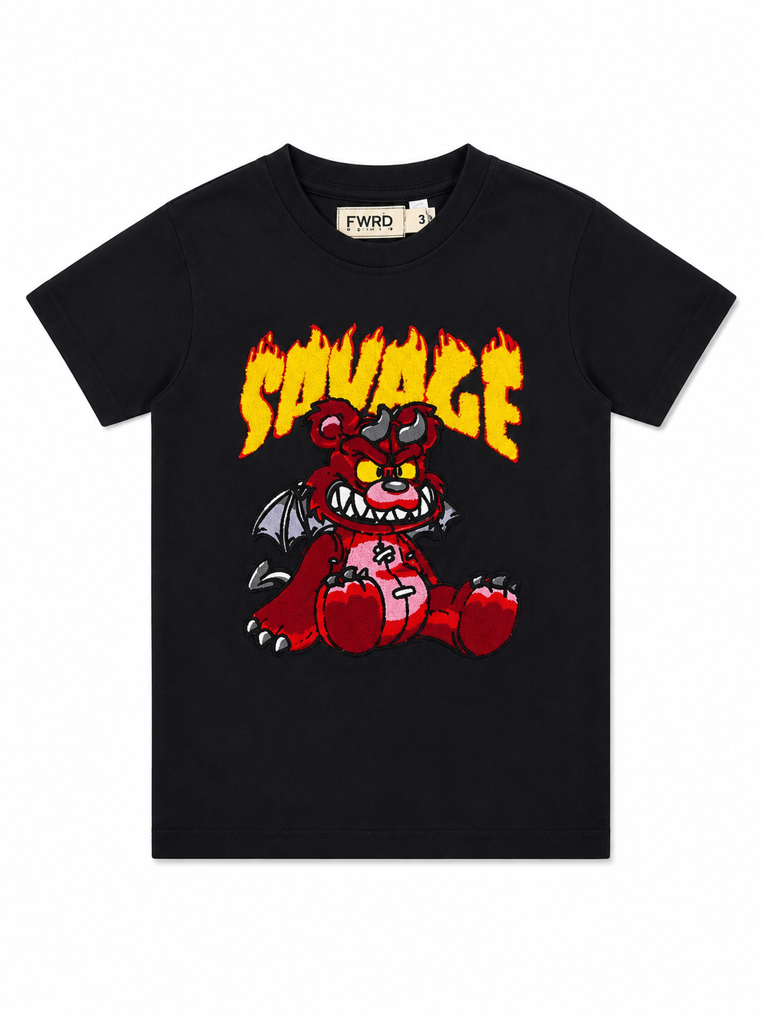 FWRD Denim Savage Graphic T-Shirt – Boys Black Chenille Patch Tee – Size 3