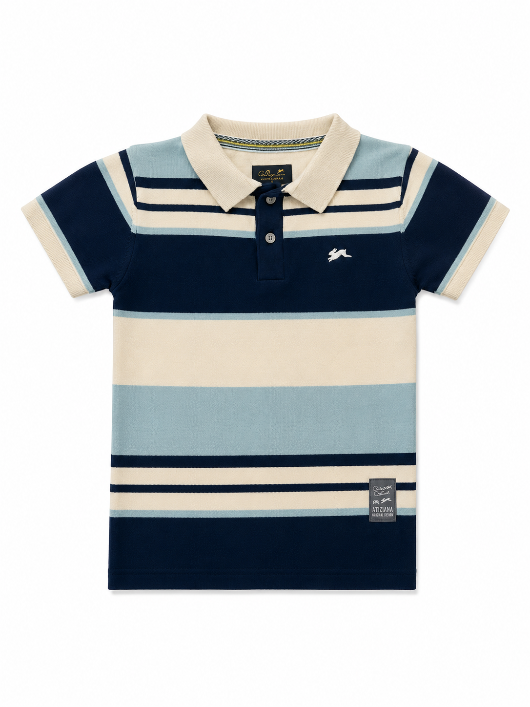 Atiziano Boys Striped Knit Polo Shirt – Navy/Cream/Light Blue – Size 3T
