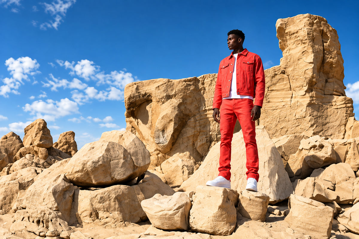 Person in a red Guapi Jeans outfit standing on rocky desert terrain with a clear blue sky.