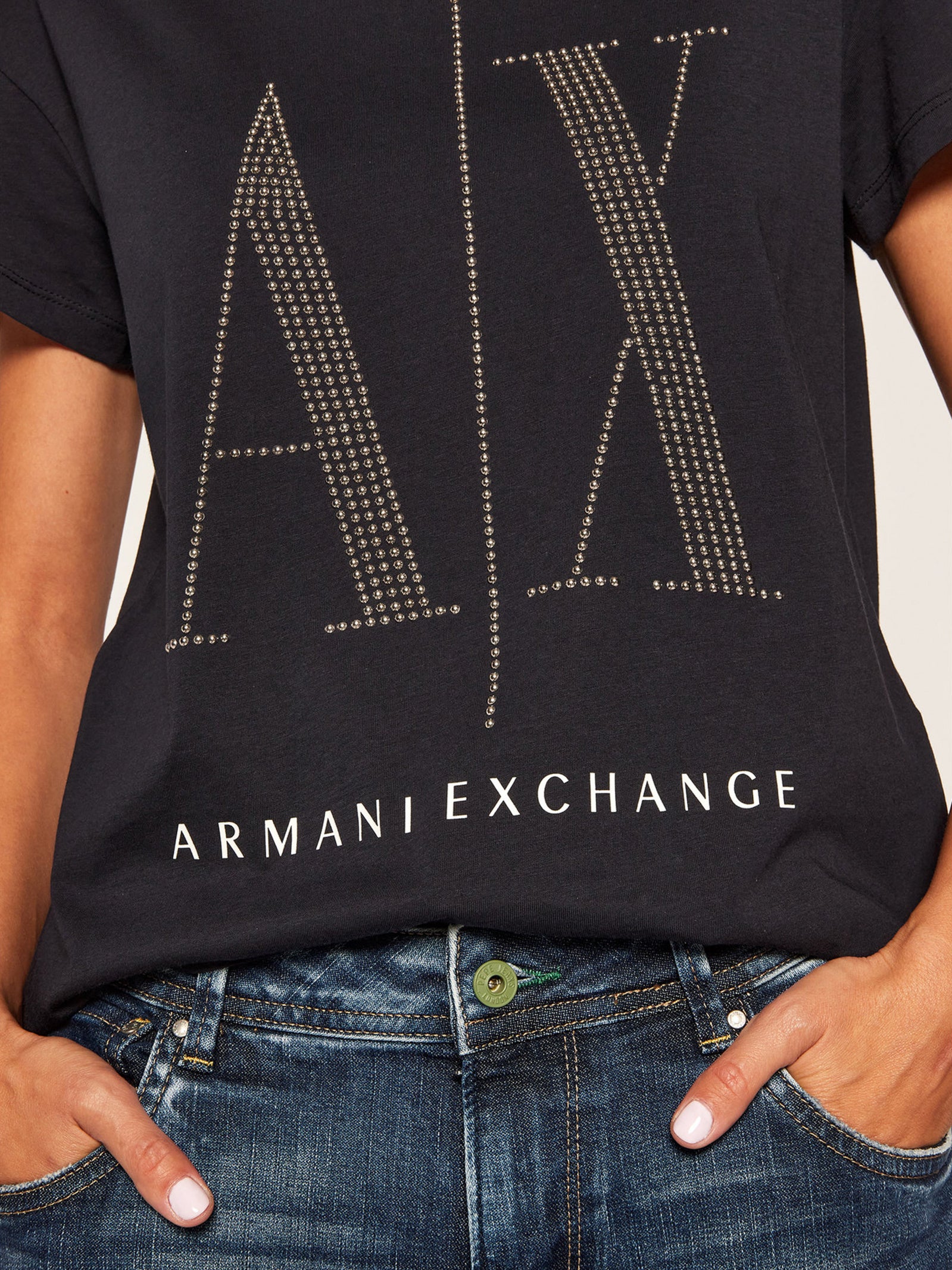 armani exchange women navy silver stud large logo tshirts