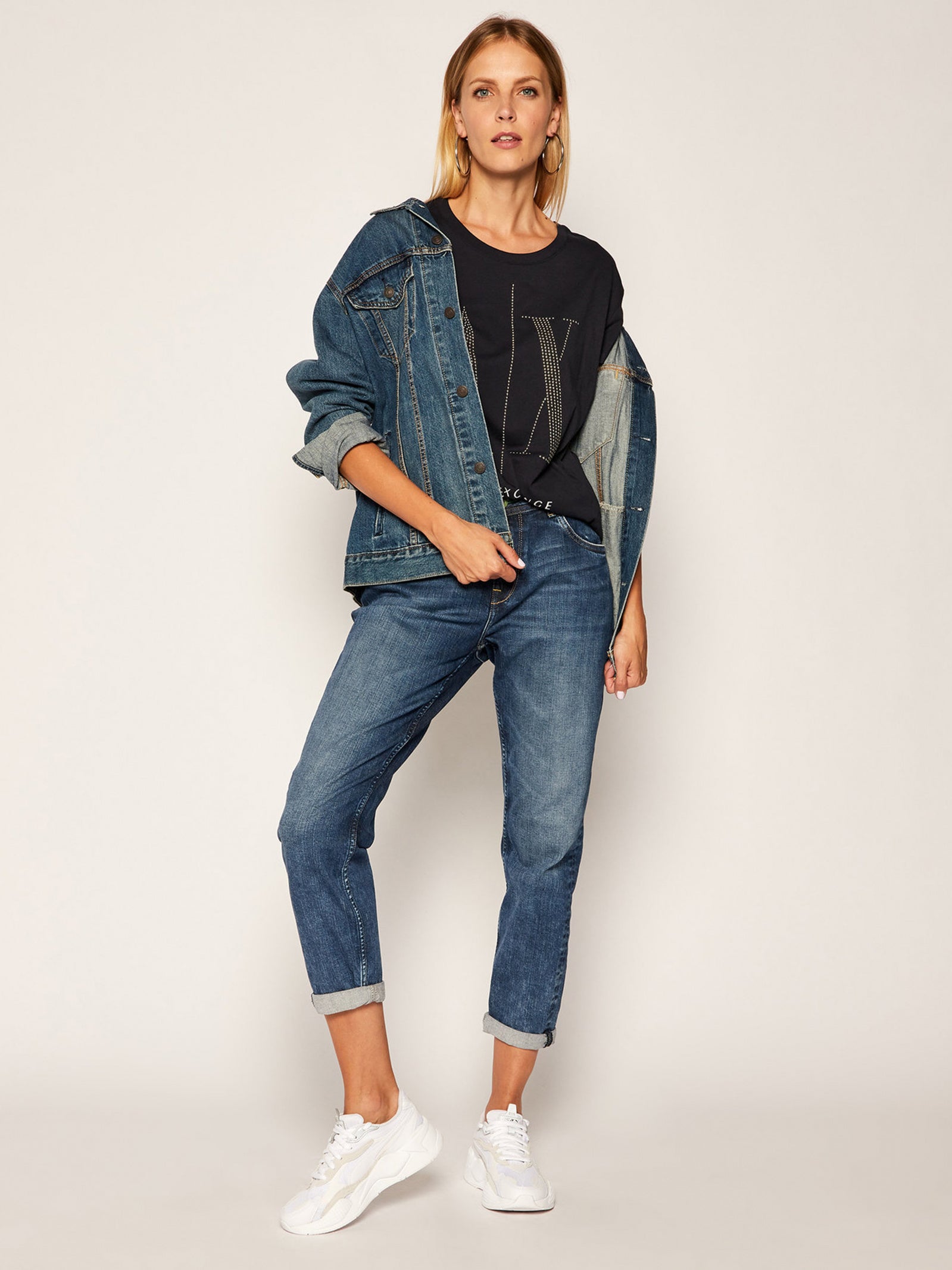 armani exchange women navy silver stud large logo tshirts