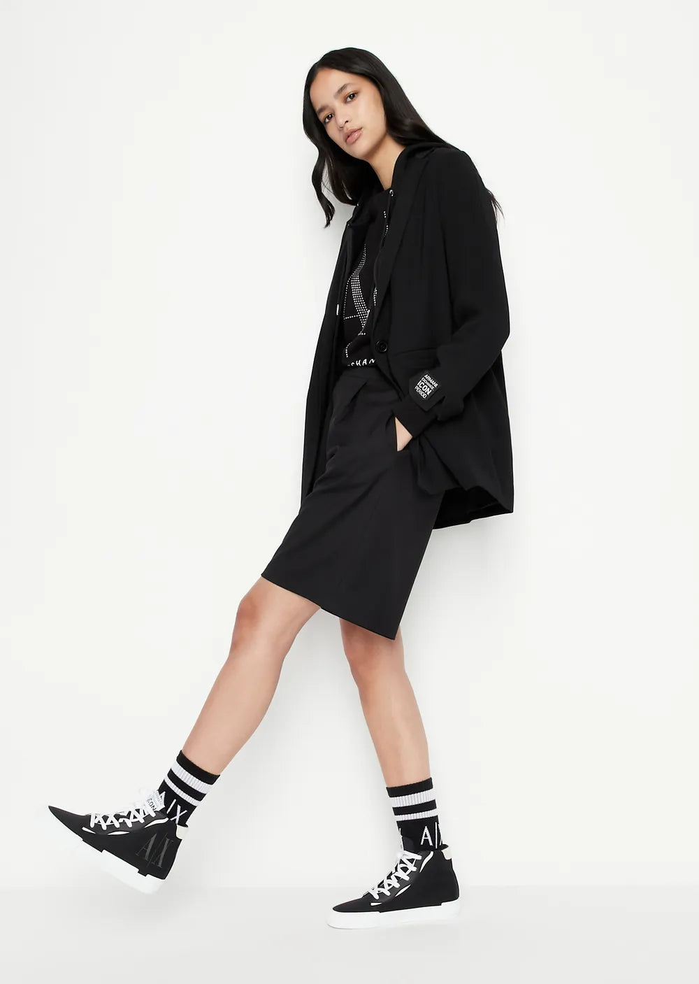 armani exchange women black silver studs large logo tshirts