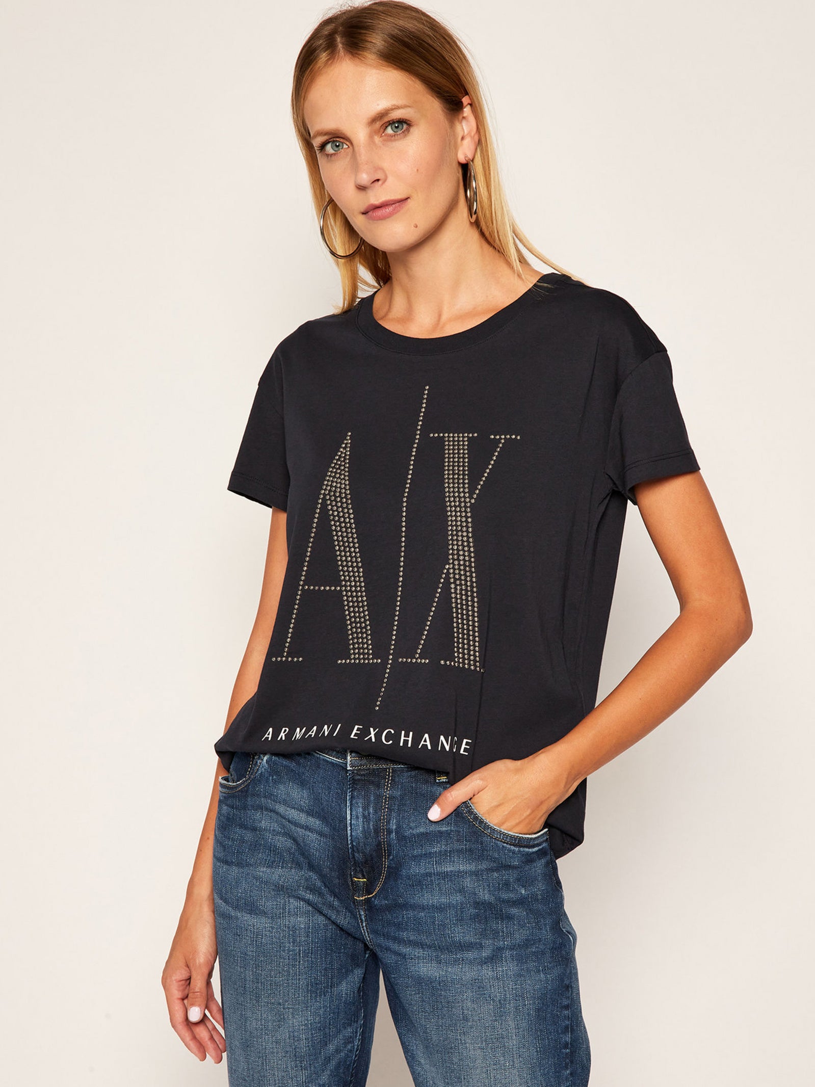 armani exchange women navy silver stud large logo tshirts