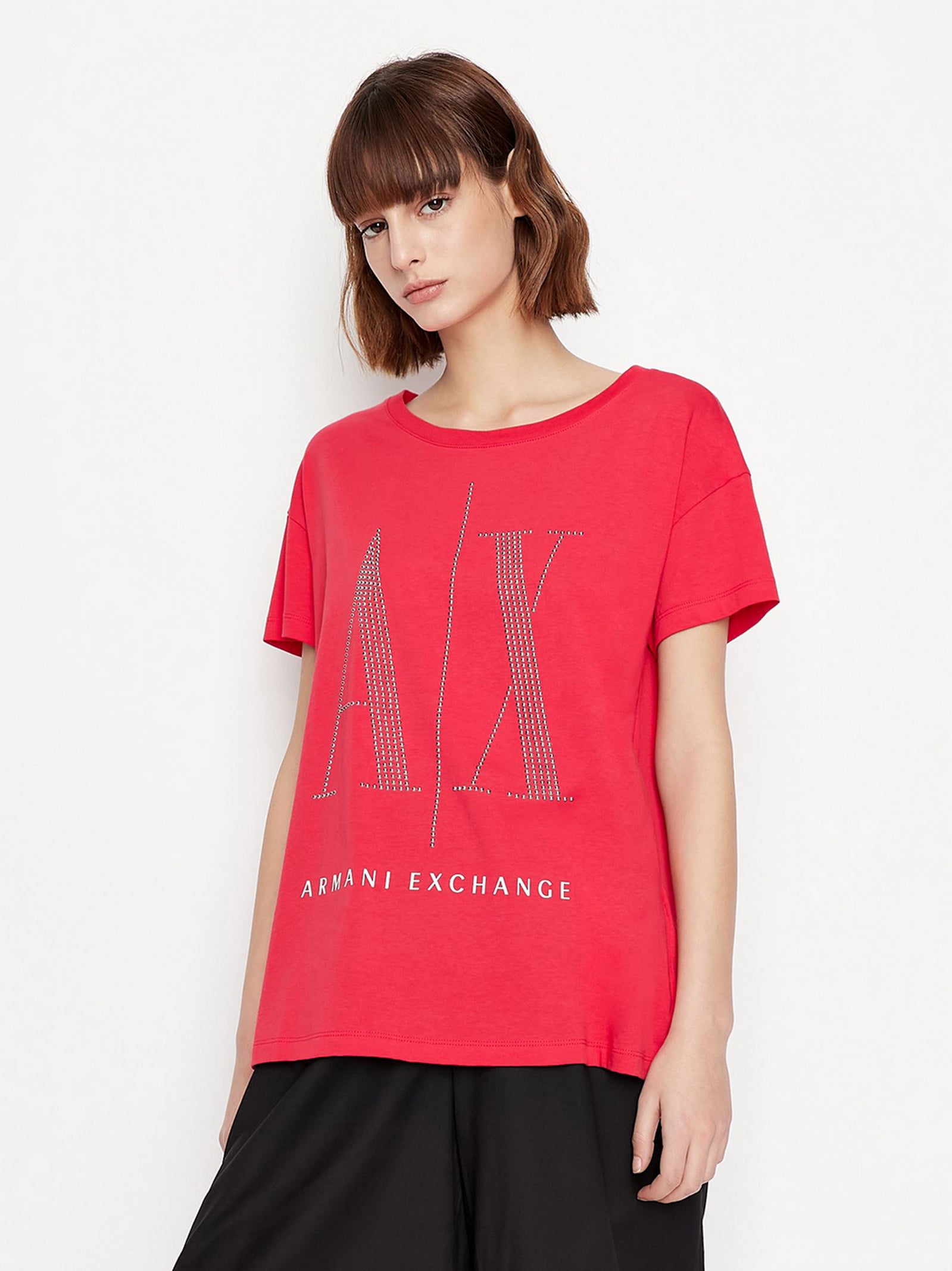 armani exchange womens red silver stud large logo T-Shirts
