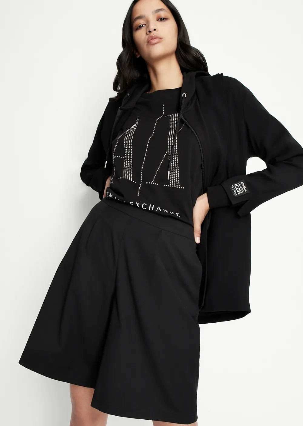 armani exchange women black silver studs large logo tshirts