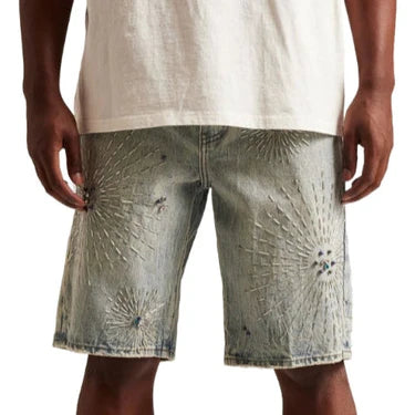 Distressed Vale clothing brand, denim shorts worn by a person on a white background,