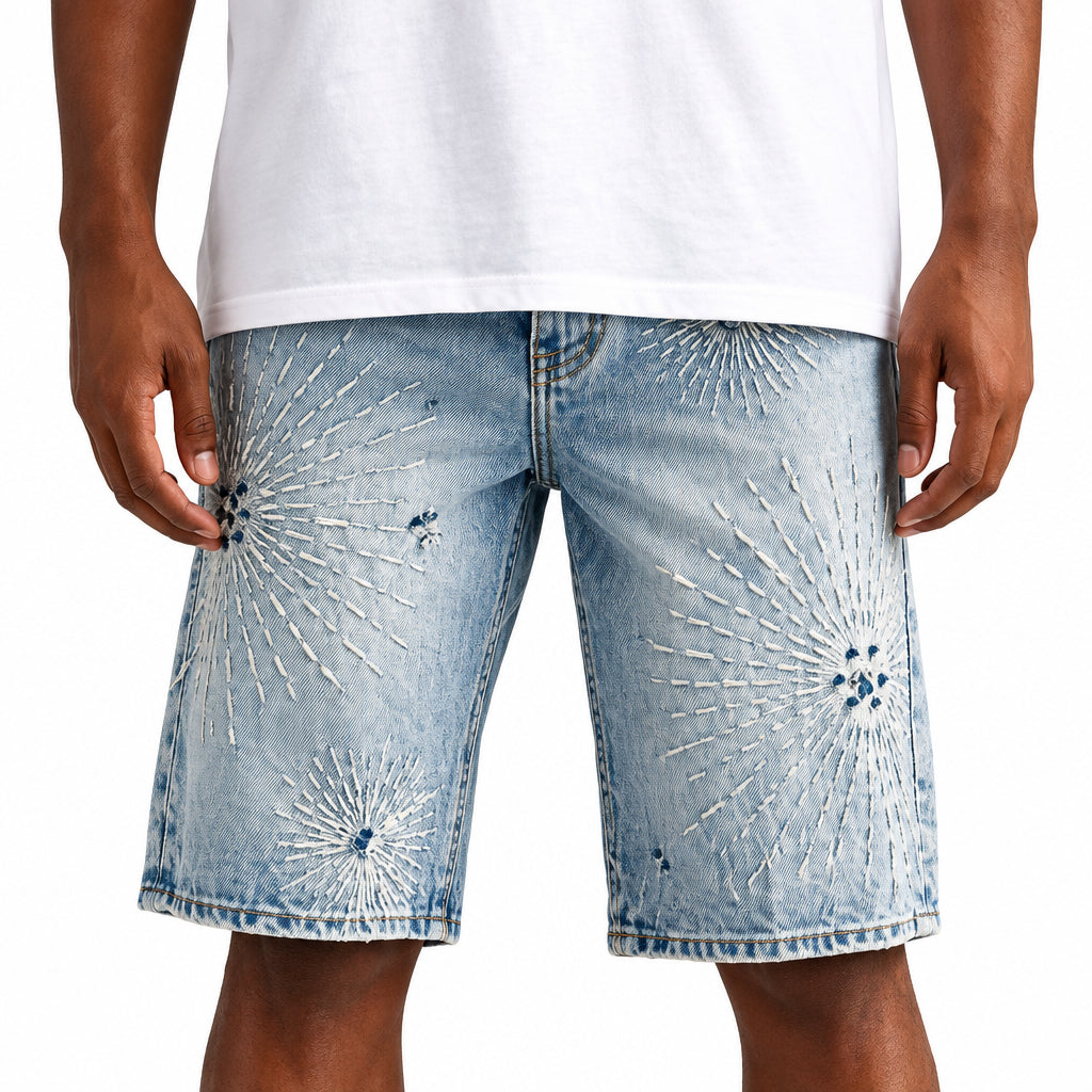 Distressed Vale clothing brand, denim shorts worn by a person on a white background,