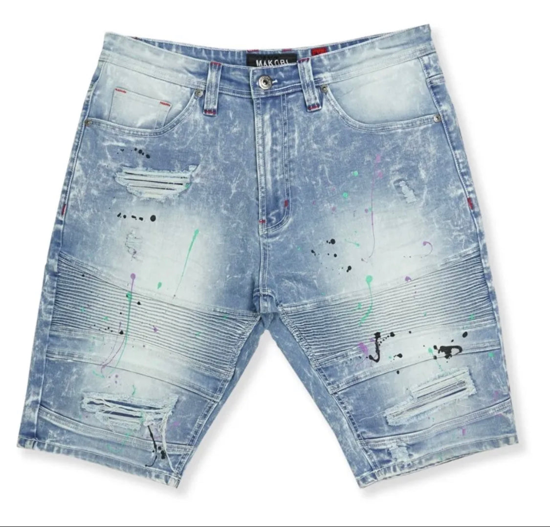 Makobi Light Wash Willard Biker Jean Shorts W/ Paint Splash