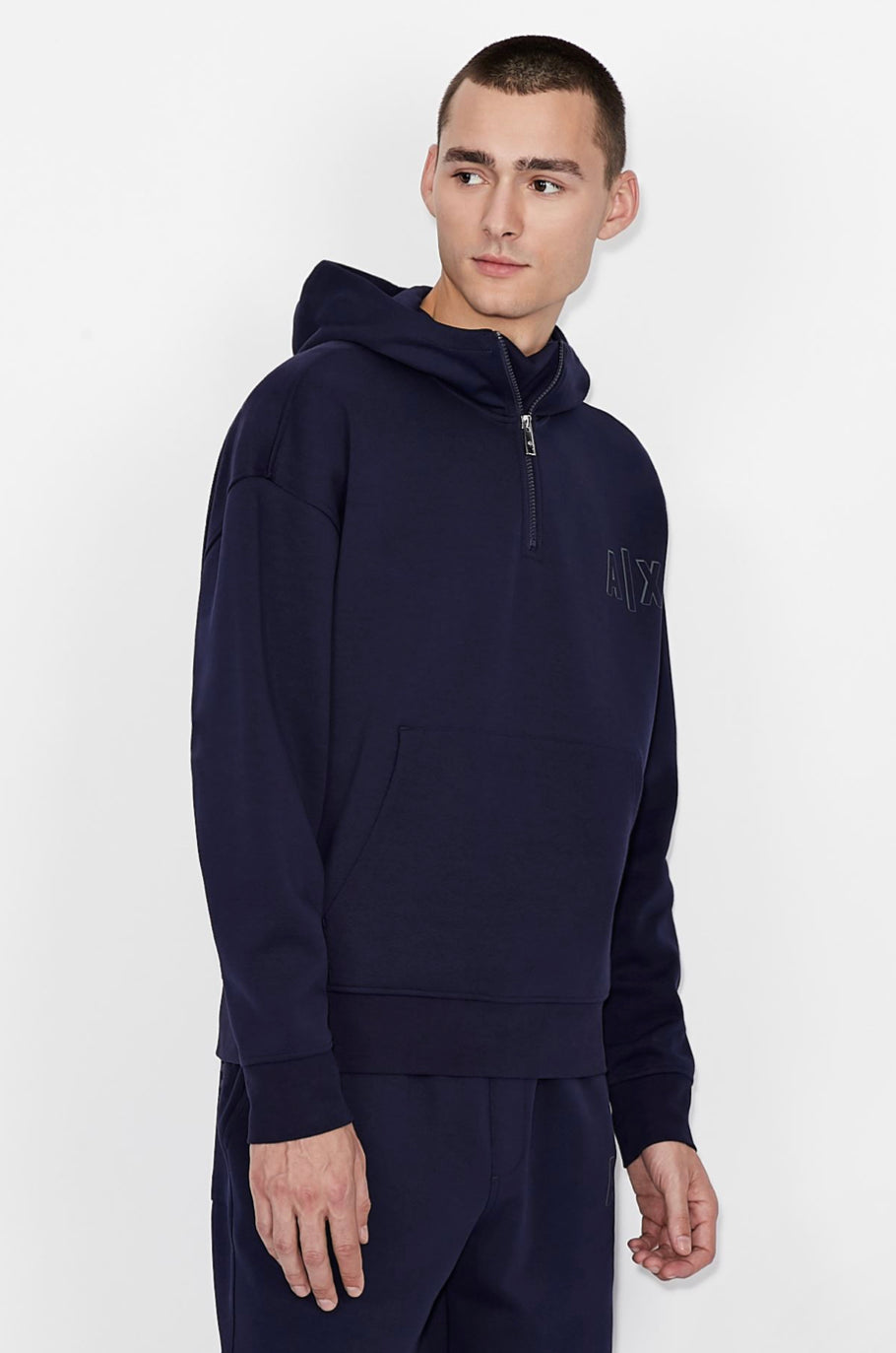 ARMANI EXCHANGE HOODED LOGO COTTON BLEND SWEATSHIRT NAVY/BLUE