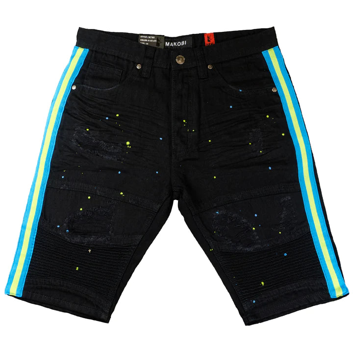Makobi M785 MOTOBIKER SHORTS WITH PAINT SPLATTER SIDE TAPING - BLACK