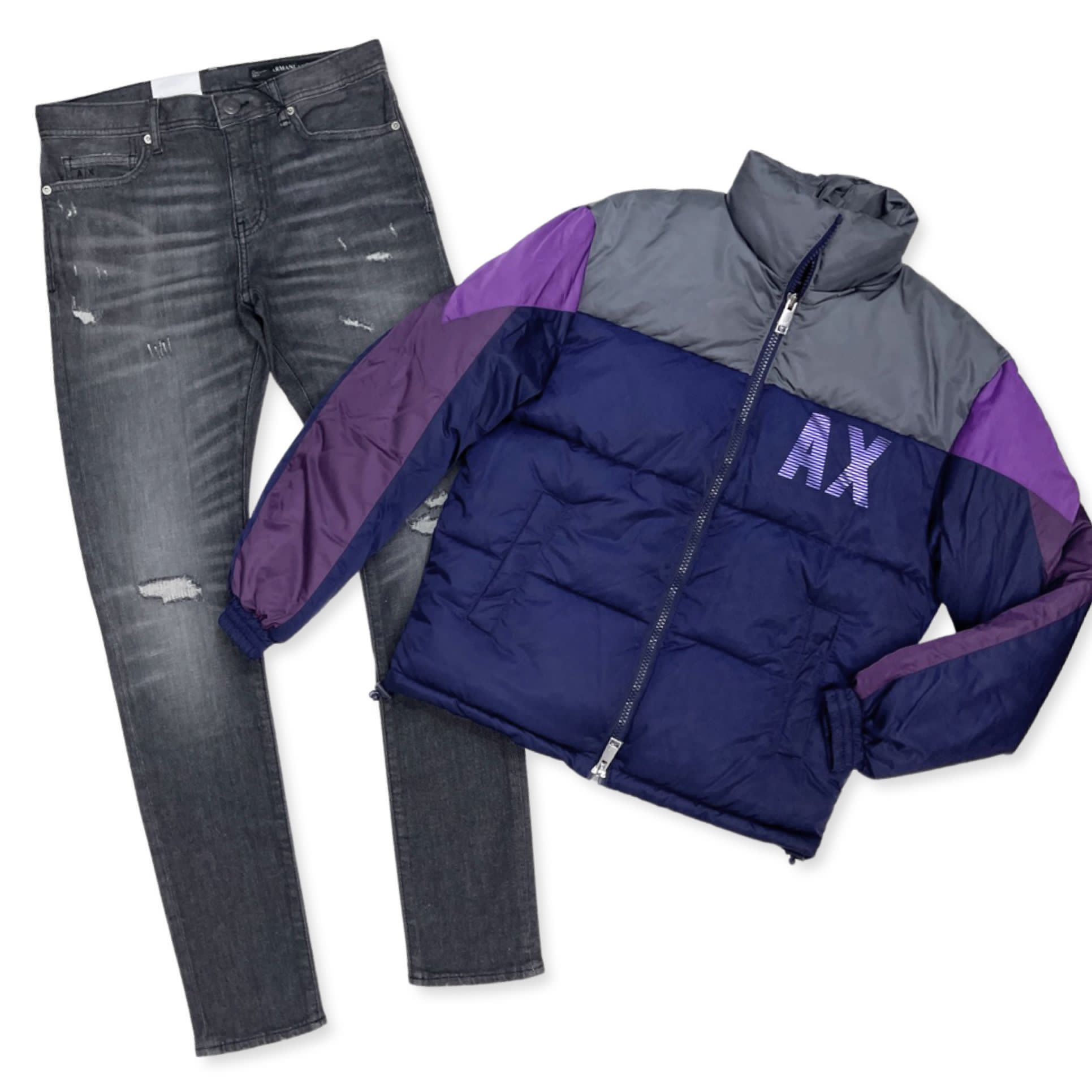 ARMANI EXCHANGE IRIDESCENT PACKABLE PUFFER DOWN JACKET PURPLE/NAVY