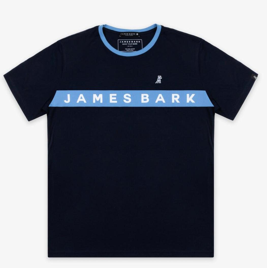JAMES BARK Men's Navy Logo Stripe Jersey T-Shirt