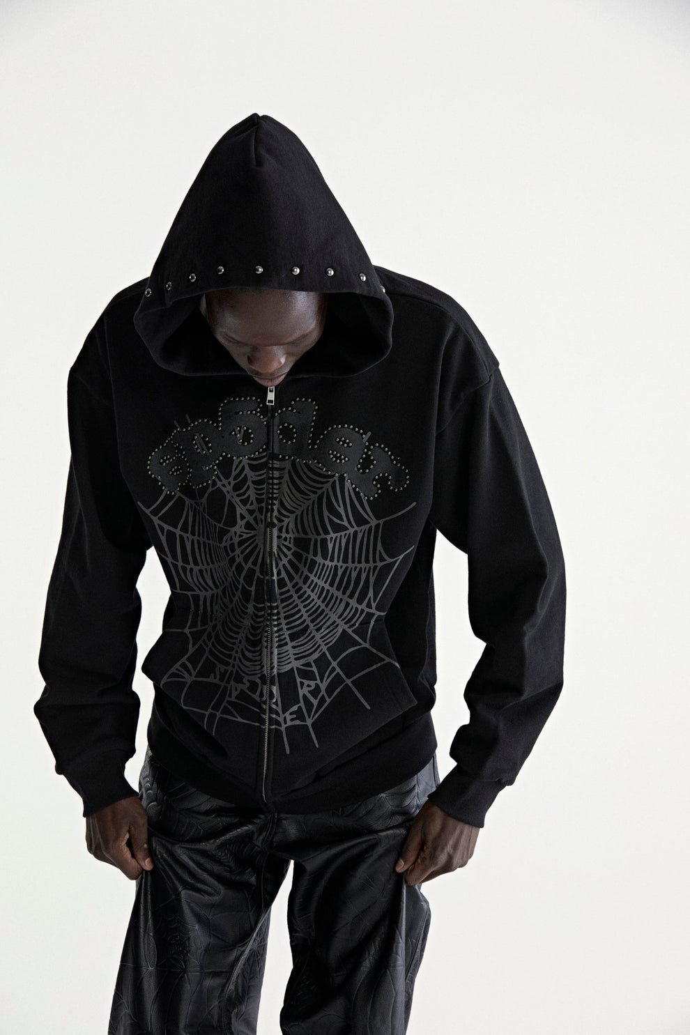 Sp5der OG Web Studded Zip Hoodie Black