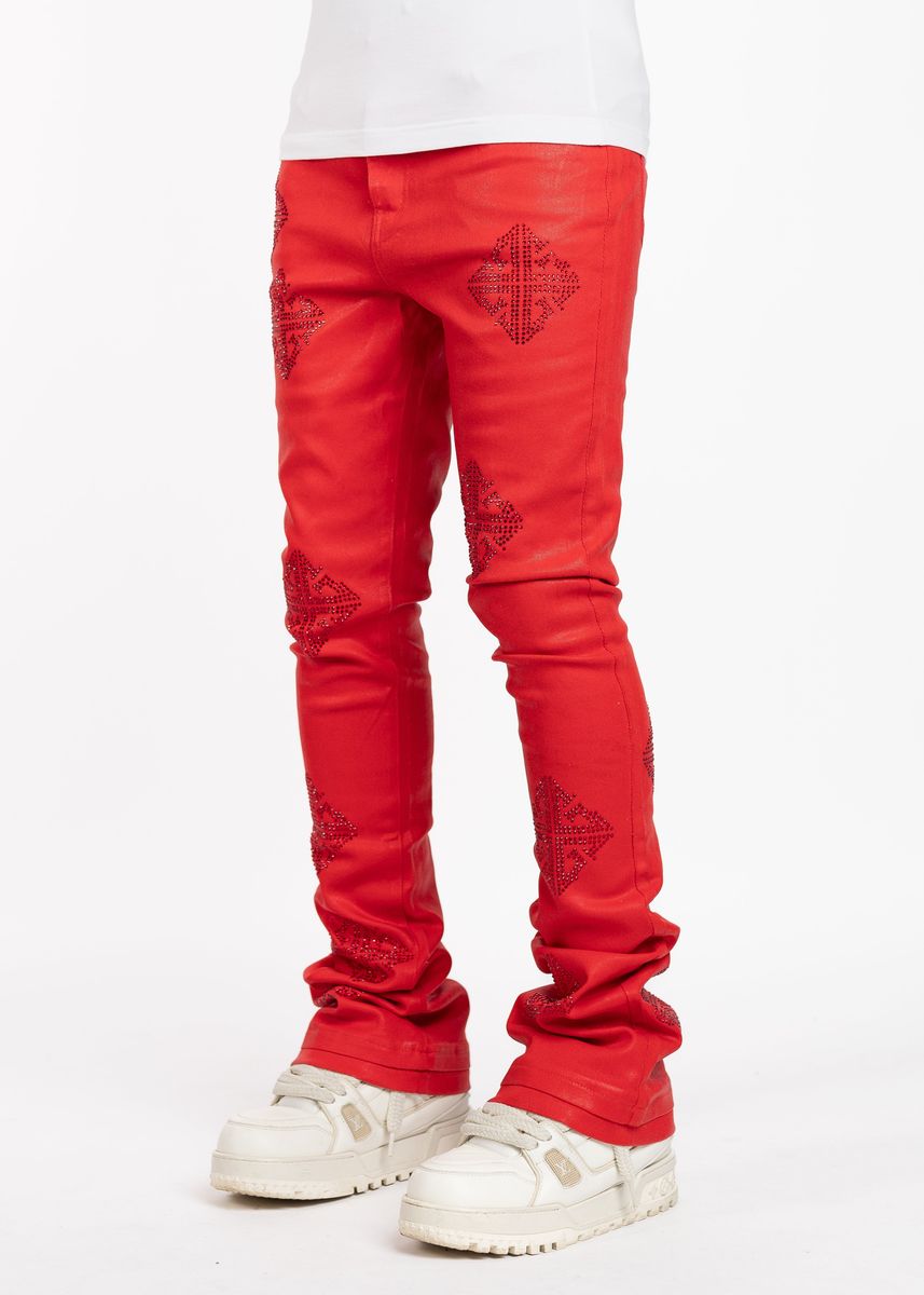 GUAPI Crimson Red Icon Embellished Denim