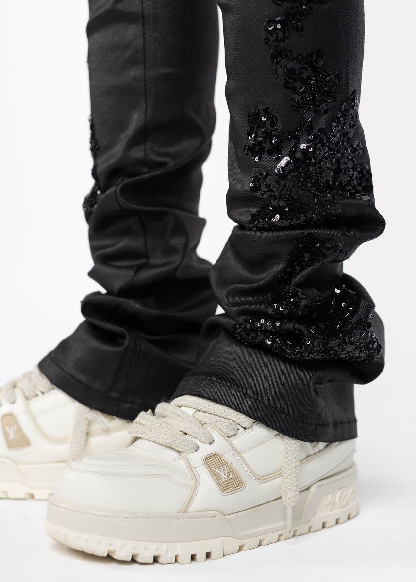 GUPAI All Black Flowers Embellished Denim