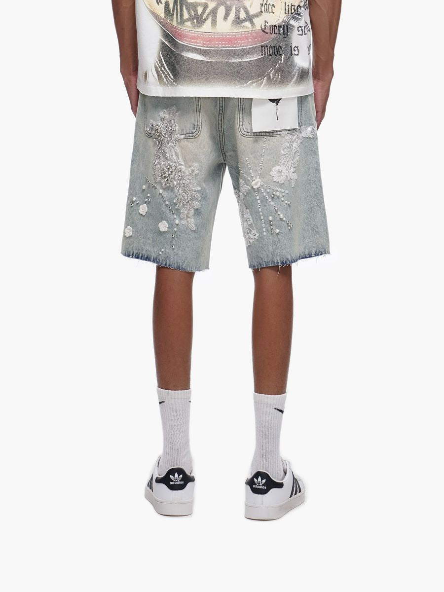 trnchs stitched light blue wash denim shorts