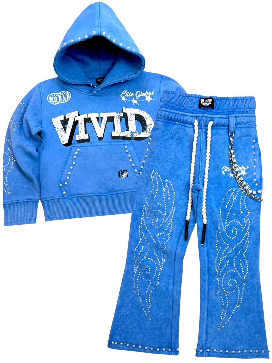 Elite VIVID BLUE RHINESTONE PEARLS PREMIUM KIDS FLEECE SET