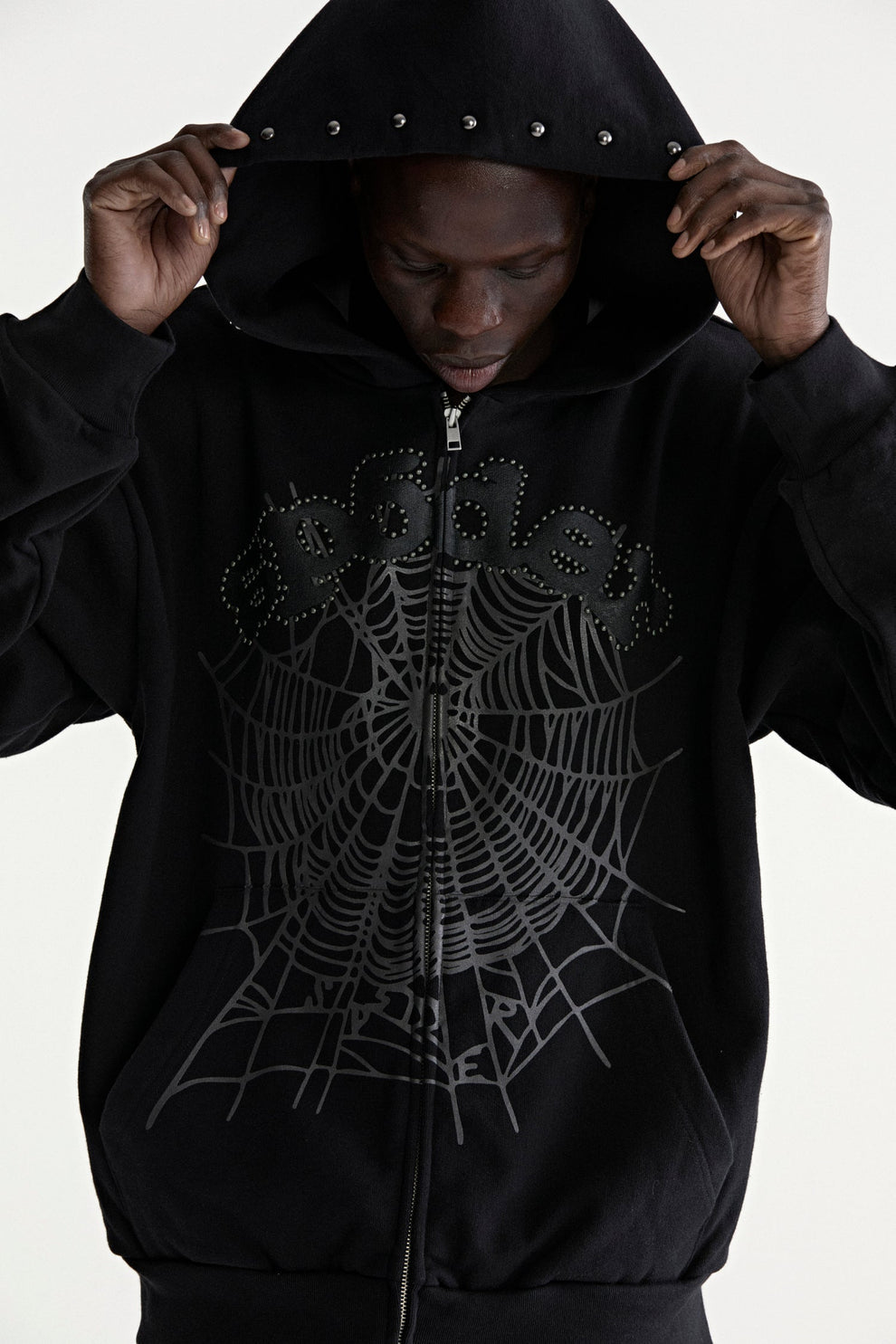 Sp5der OG Web Studded Zip Hoodie Black