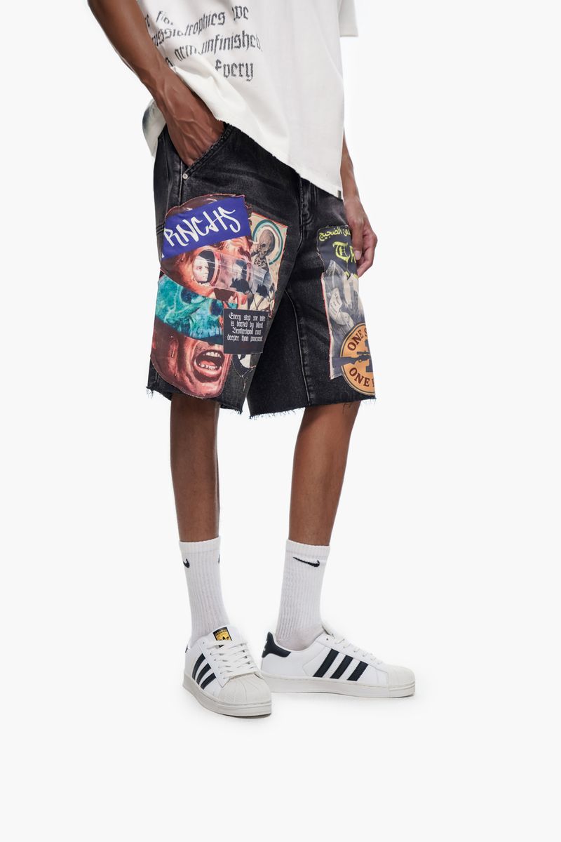 Trnchs collage black wash denim shorts