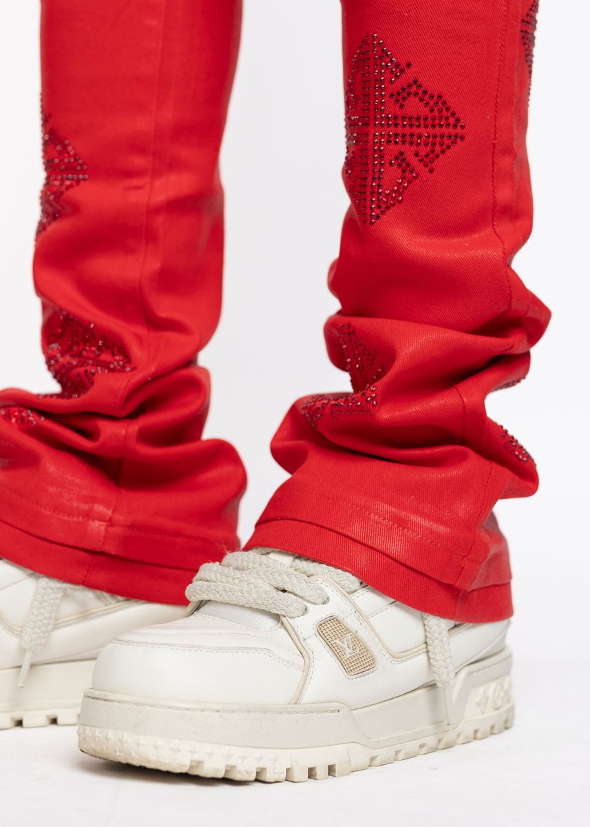 GUAPI Crimson Red Icon Embellished Denim