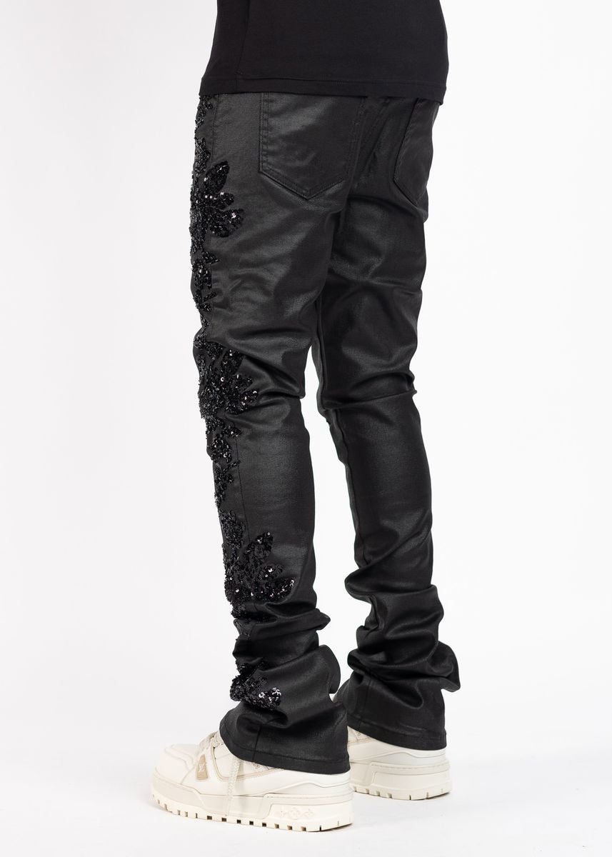 GUPAI All Black Flowers Embellished Denim