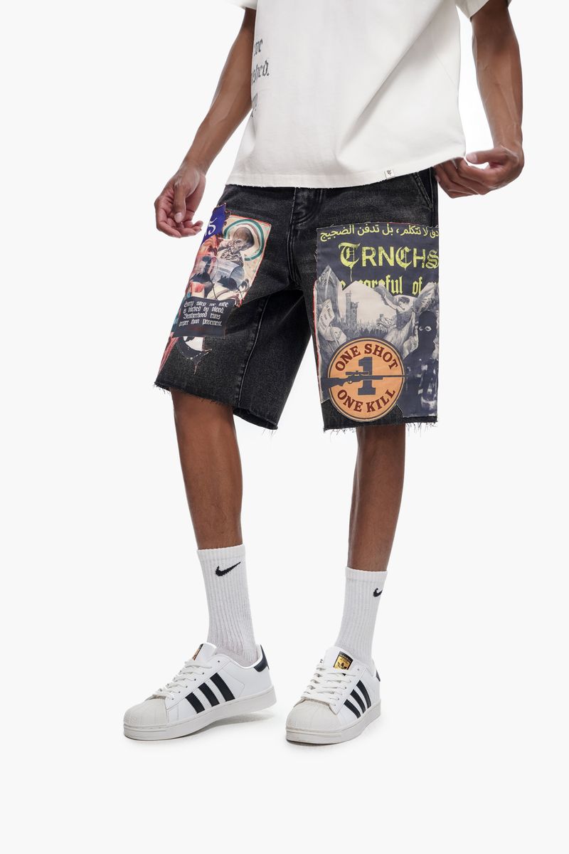 Trnchs collage black wash denim shorts