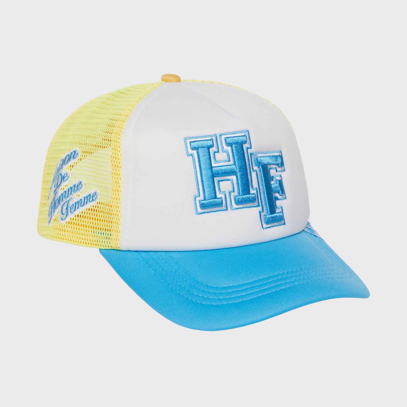 Homme femme Letterman Trucker Hat Blue and Yellow