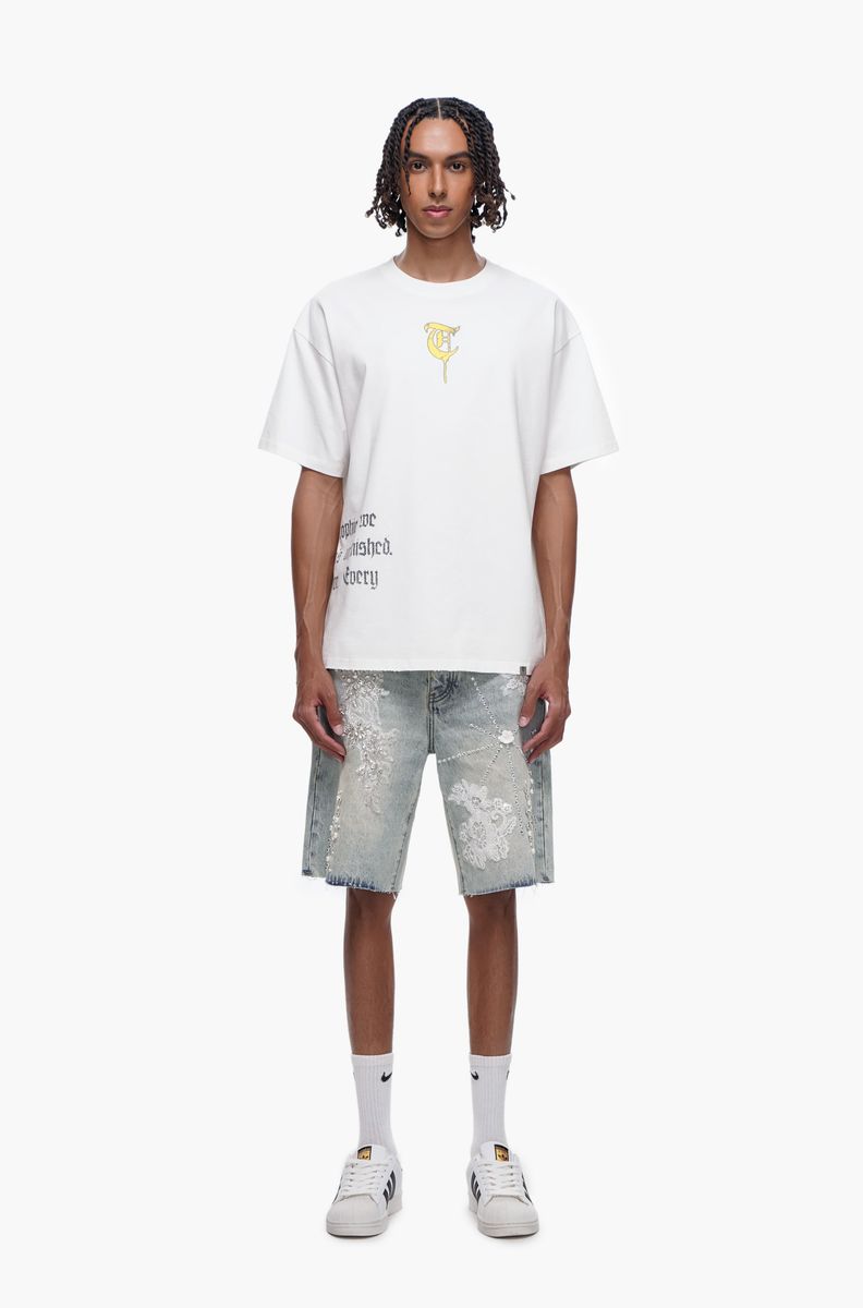 trnchs stitched light blue wash denim shorts