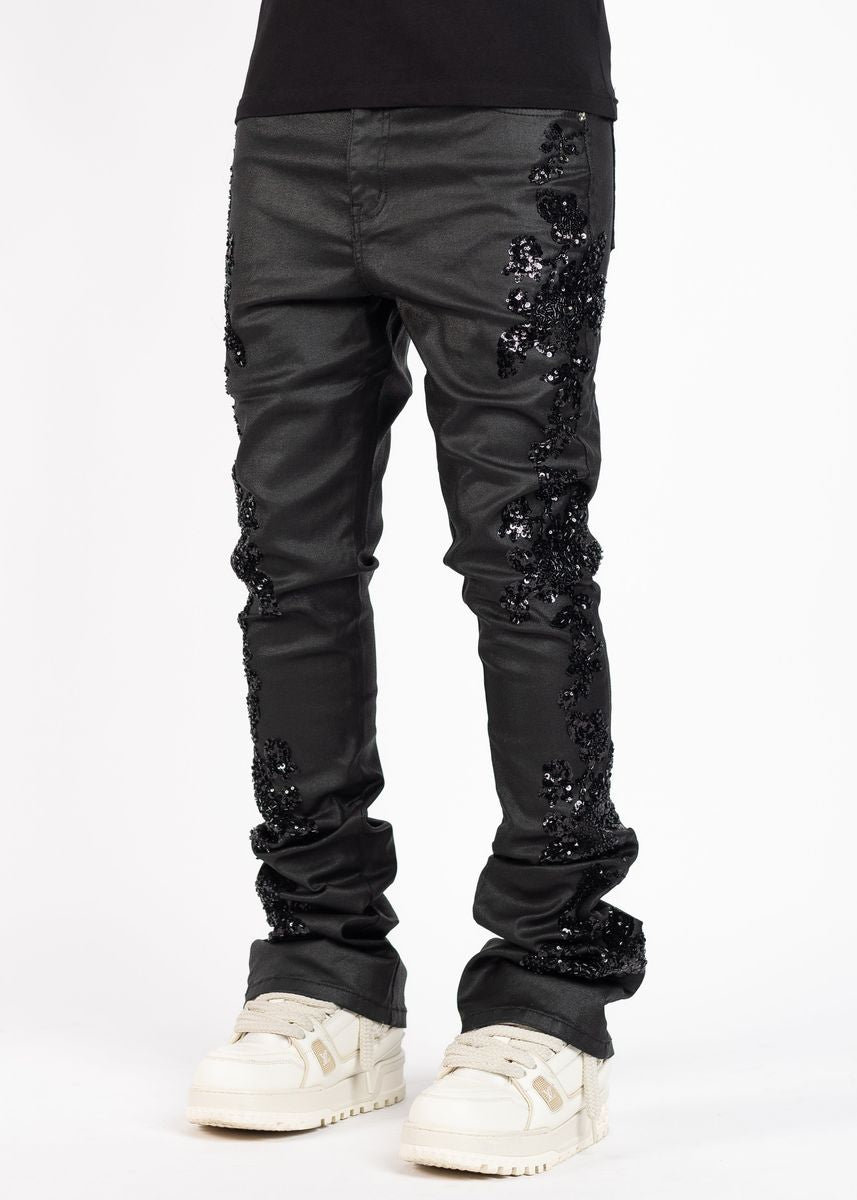 GUPAI All Black Flowers Embellished Denim