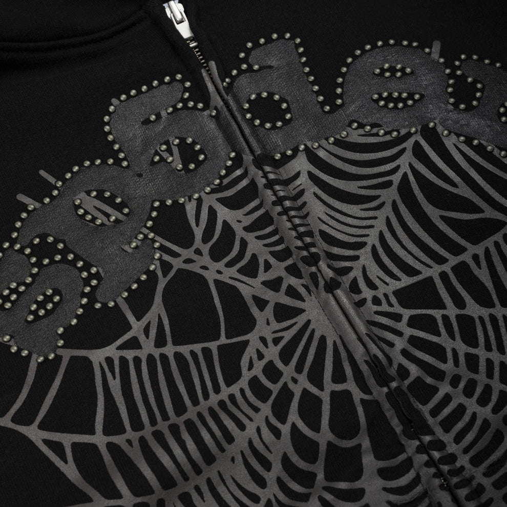 Sp5der OG Web Studded Zip Hoodie Black