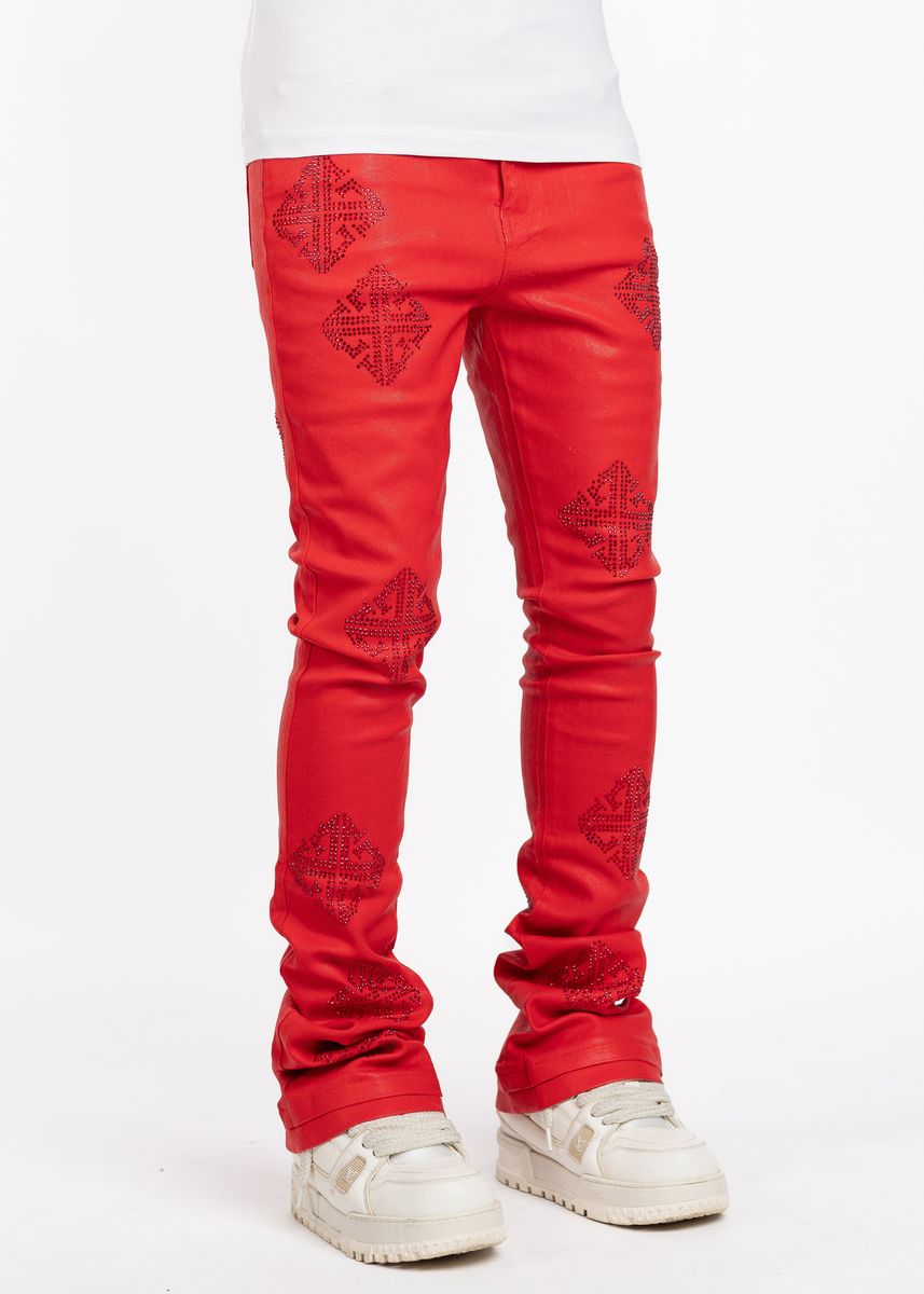 GUAPI Crimson Red Icon Embellished Denim