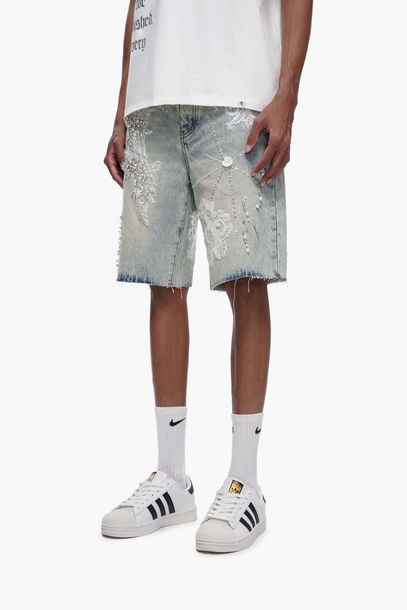 trnchs stitched light blue wash denim shorts