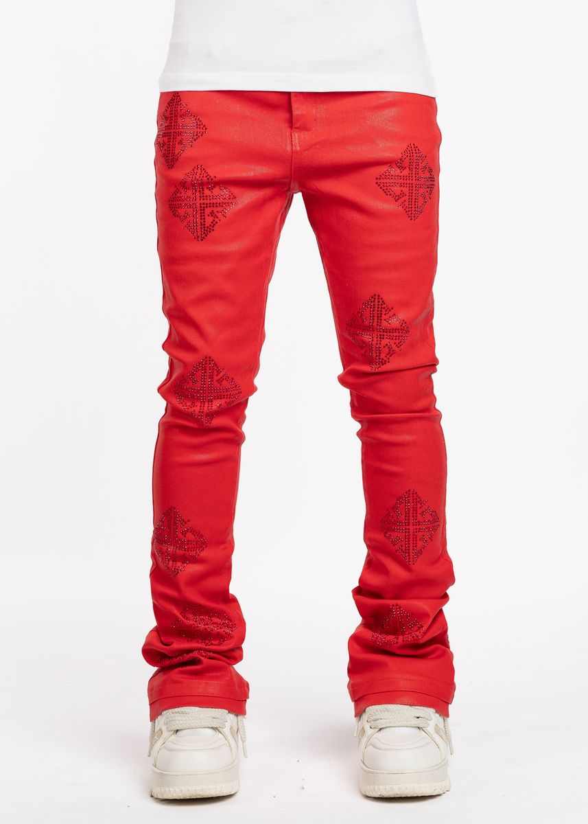 GUAPI Crimson Red Icon Embellished Denim