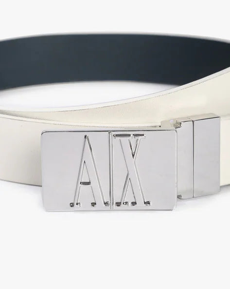 ARMANI EXCHANGE REVERSIBLE LEATHER BELT WITH CHROME METAL LOGO BUCKLE