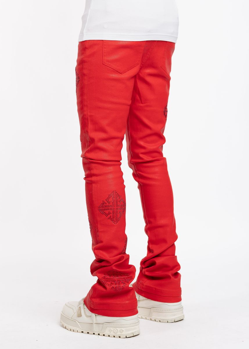 GUAPI Crimson Red Icon Embellished Denim