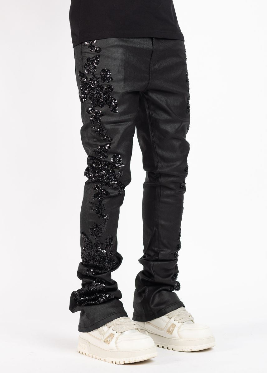GUPAI All Black Flowers Embellished Denim