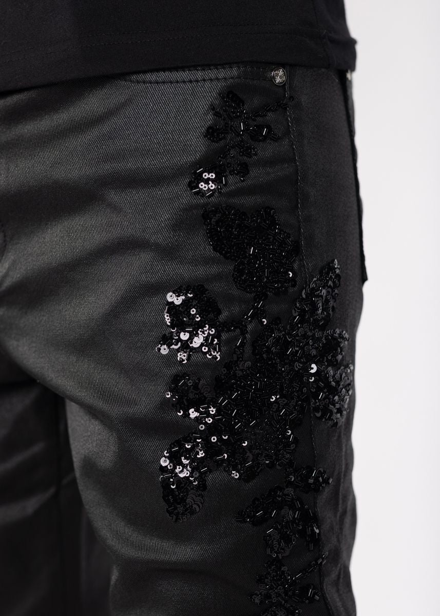 GUPAI All Black Flowers Embellished Denim