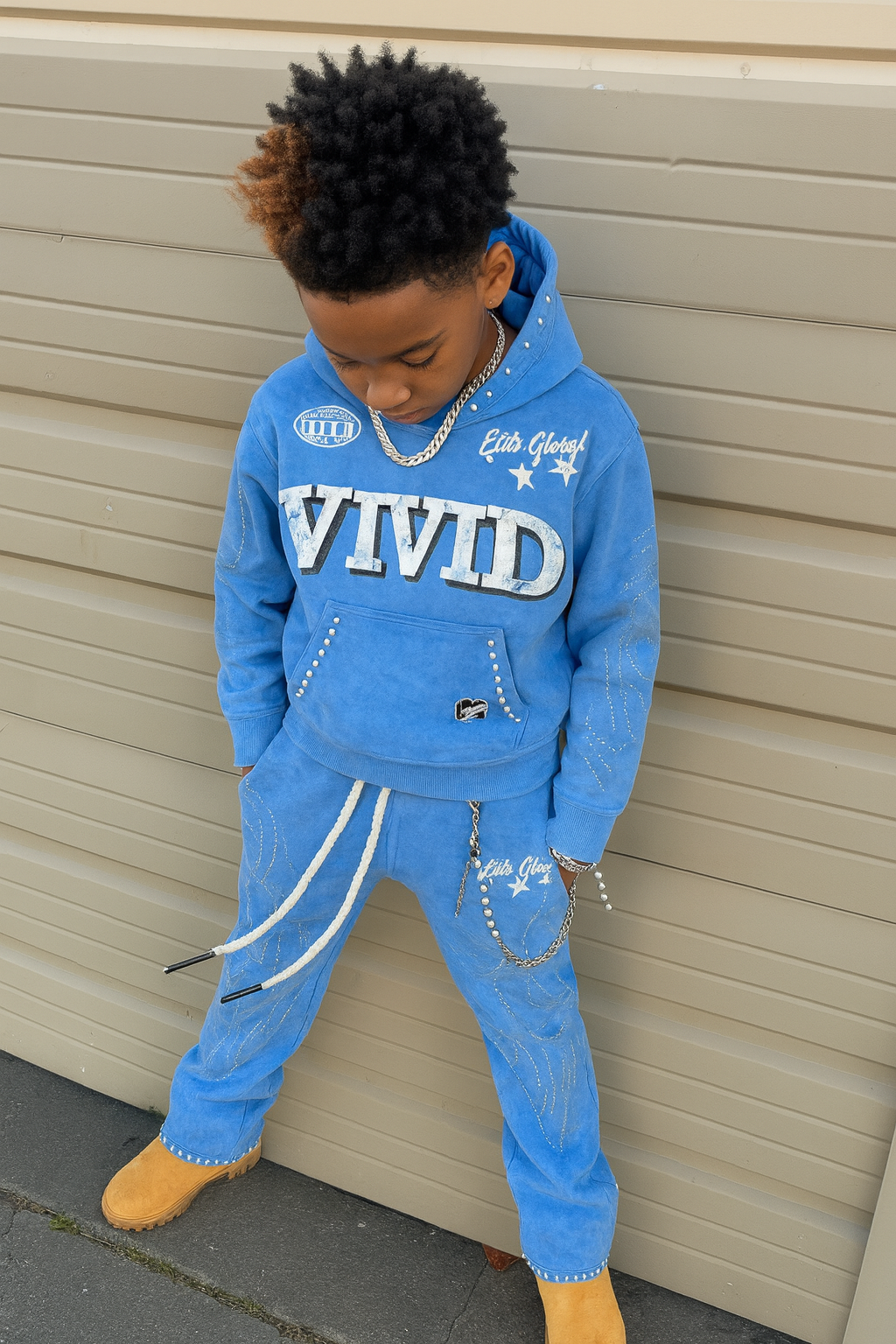 Elite VIVID BLUE RHINESTONE PEARLS PREMIUM KIDS FLEECE SET
