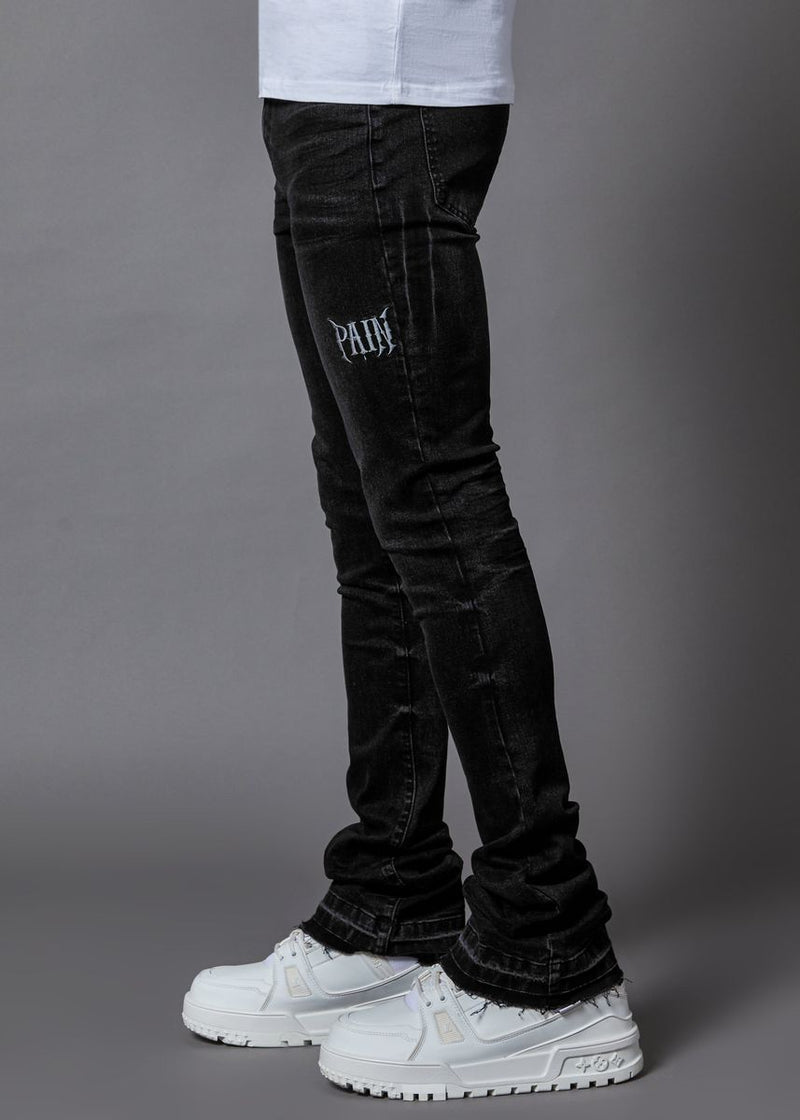 pain washed black stacked denim