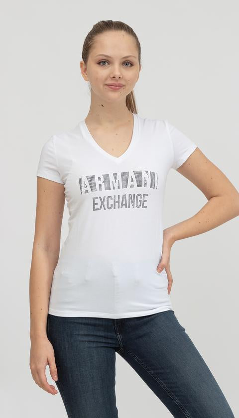Armani Exchange women white black stud tshirt