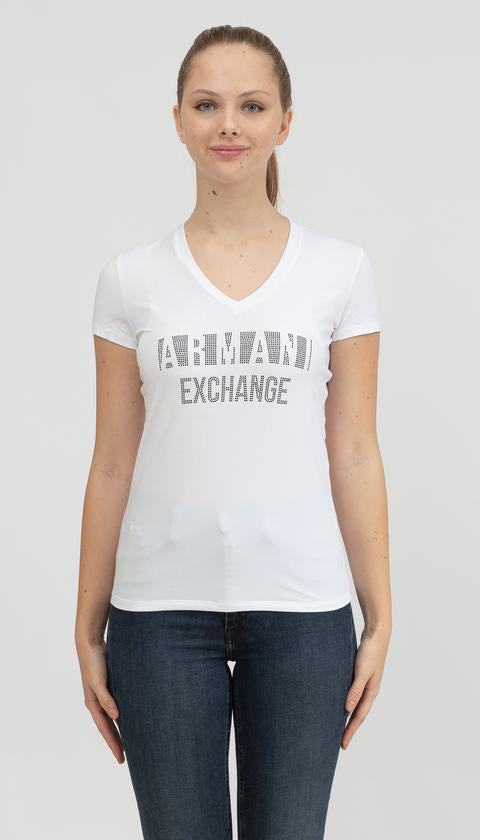 Armani Exchange women white black stud tshirt