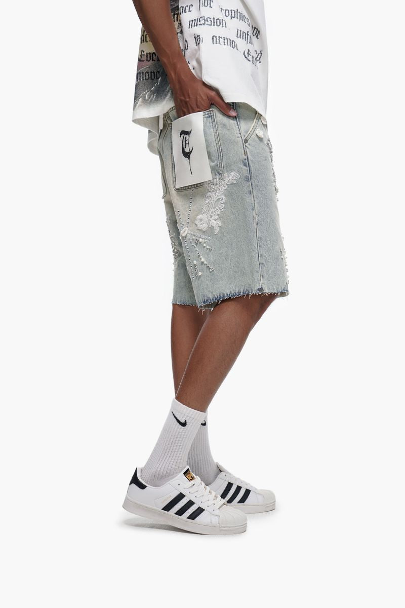 trnchs stitched light blue wash denim shorts