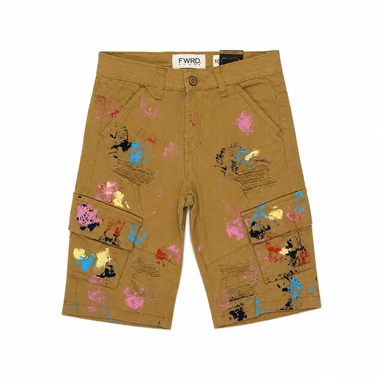 FWRD Denim Boys Khaki Paint Splatter Distressed Cargo Jean Shorts – Slim Fit Kids Designer Shorts
