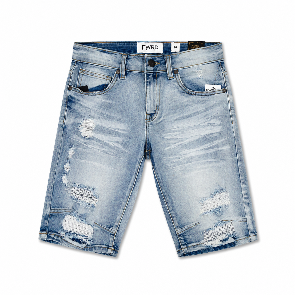 FWRD Denim Boys Ice Blue Distressed Stretch Denim Shorts – Slim Fit Kids Jean Shorts