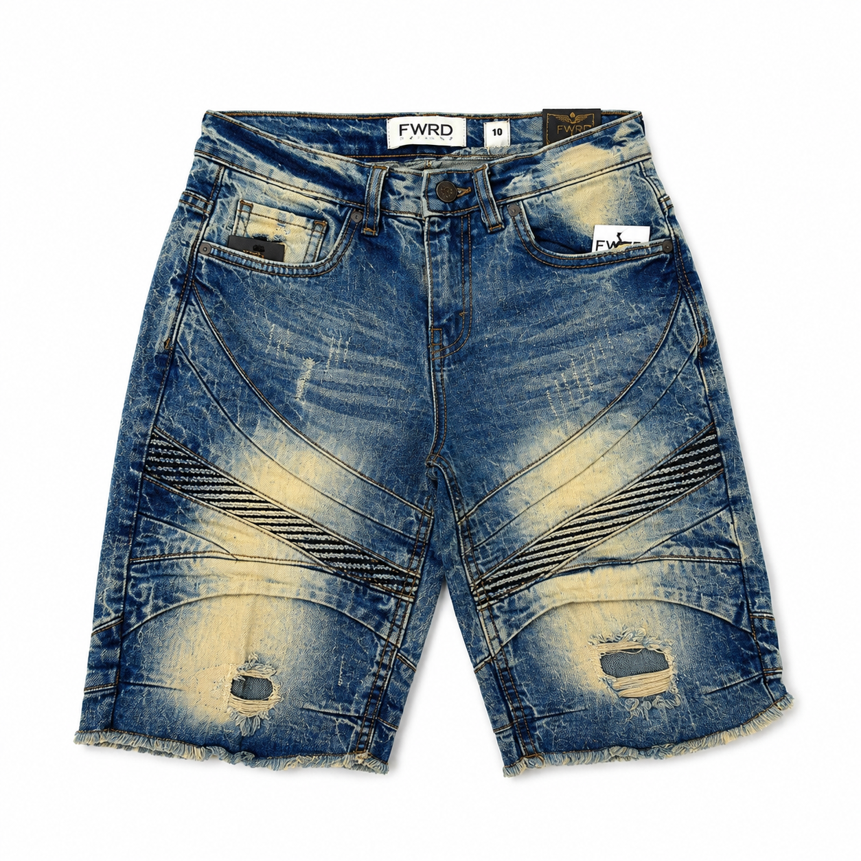 FWRD Denim Boys Distressed Biker Denim Shorts – Light Tint – Slim Fit – Kids
