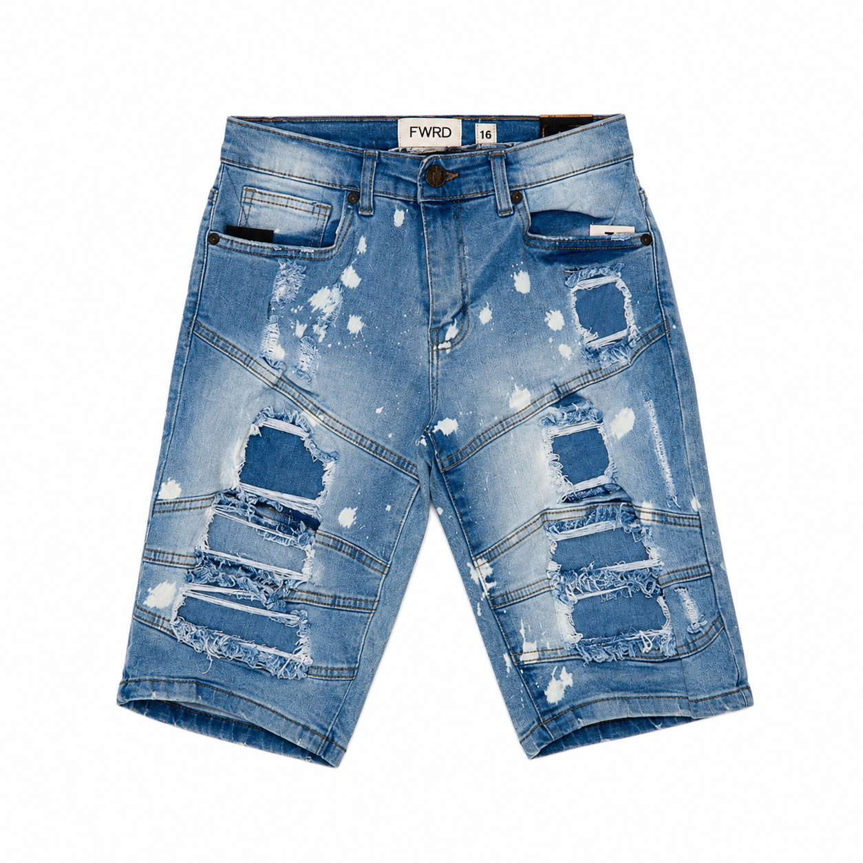 FWRD Denim Boys Ice Blue Distressed Stretch Denim Shorts - Slim Fit Ripped Kids Jean Shorts