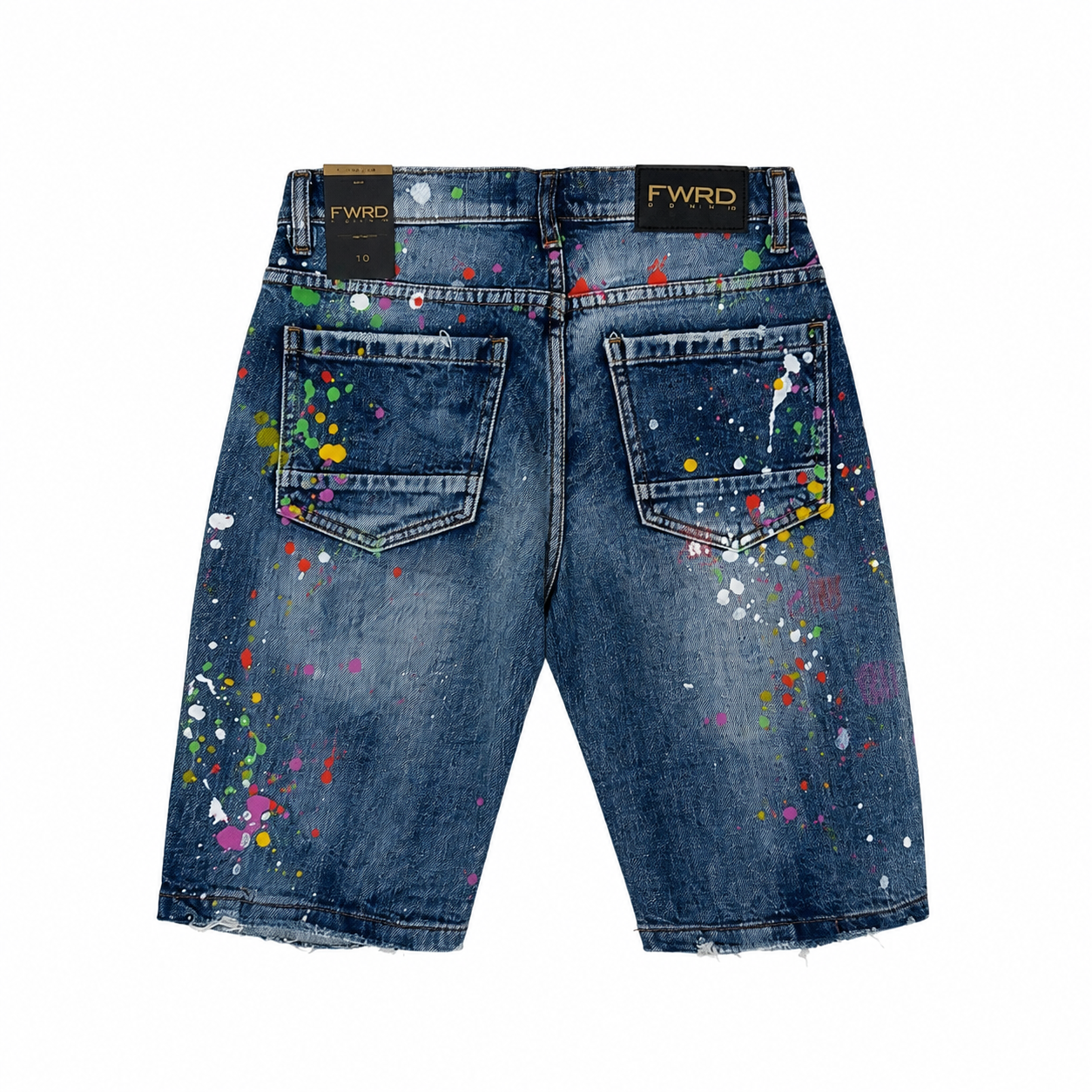 FWRD Denim Boys Distressed Stretch Denim Shorts – Blue Citrus Paint Splatter – Slim Fit – Kids