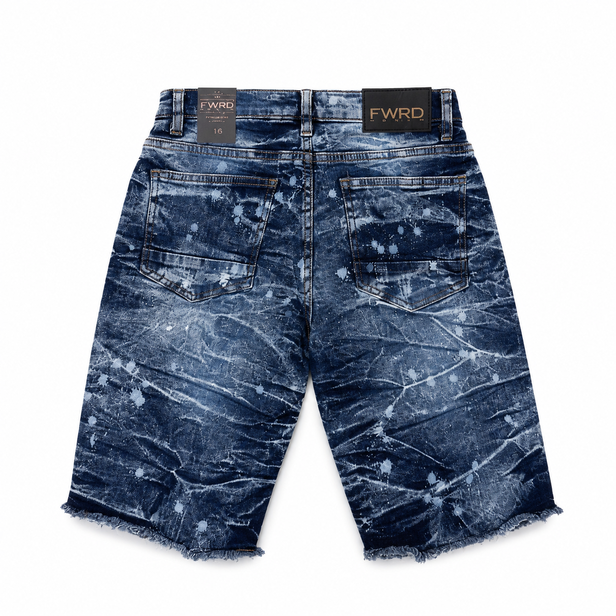 FWRD Denim Boys Slim Fit Stretch Denim Shorts S. Blue Paint Splatter Raw Hem Kids Jeans Shorts