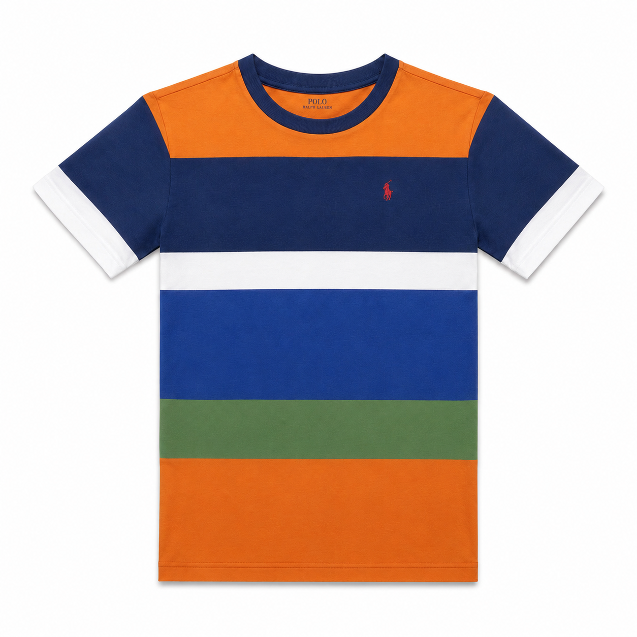 Polo Ralph Lauren Boys Colorblock Stripe Cotton T-Shirt – Orange/Navy/Blue – Slim Fit Kids Tee