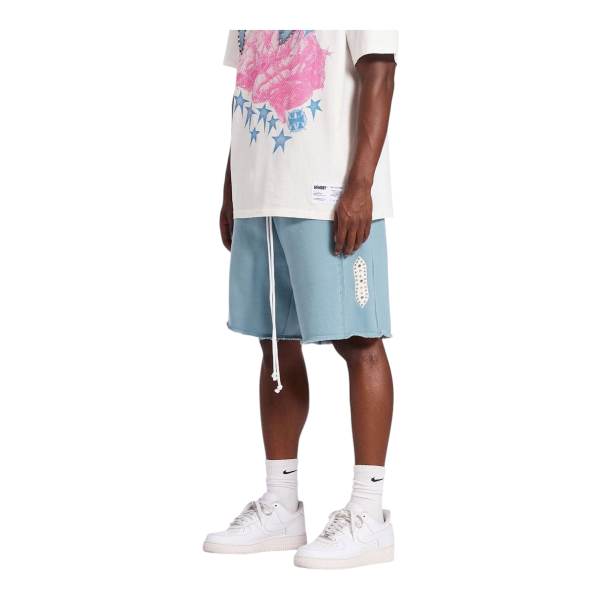 Memory Lane STUDDED FLEECE LONG SHORTS-SLATE BLUE